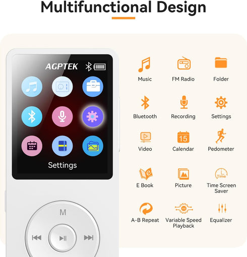 AGPTEK A02 MP3 5.3, 1.8 inch 128GB(White, 64GB) Player with Bluetooth Screen Portable Music Player with Speaker, FM