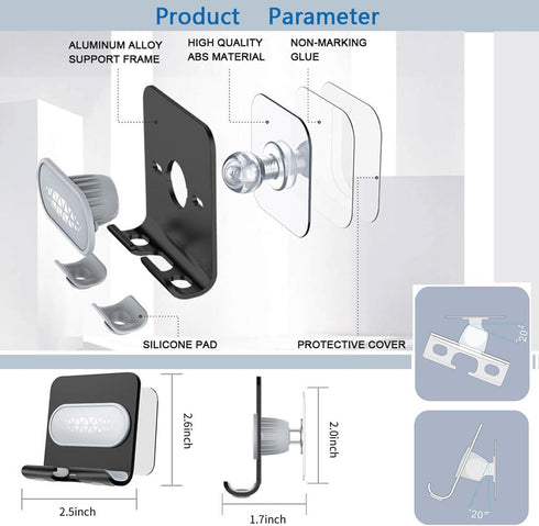 Shower Phone Holder with 2PCS Adhesive Stickers, Wall Mount Stand for Bathroom, Kitchen, Compatible with Smartphone