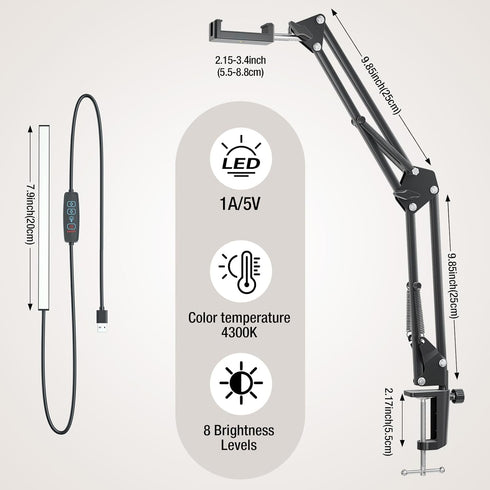 Overhead Phone Mount, Articulating Arm Cell Phone Holder with USB LED Light for Live Streaming, Video Recording