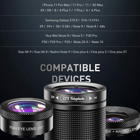 APEXEL 6 in 1 Phone Lens Kit - 22X Telephoto, 205° Fisheye, 120° Wide Angle & 25X Macro Lens, Compatible with iPhone &