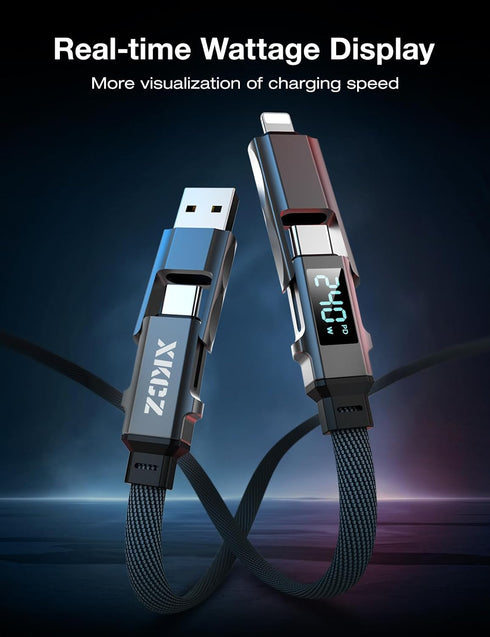 4 1 240W 5FT XKCZ in USB C Cable with Wattage Display, Flat Nylon Braided Multi Charge Cable with Data Sync, USB C