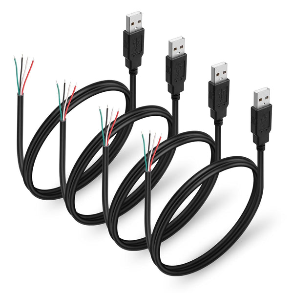 4Pcs USB 2.0 Male Plug 4pin Bare Wire Power Data Cable for USB Equipment Installed or Replacement