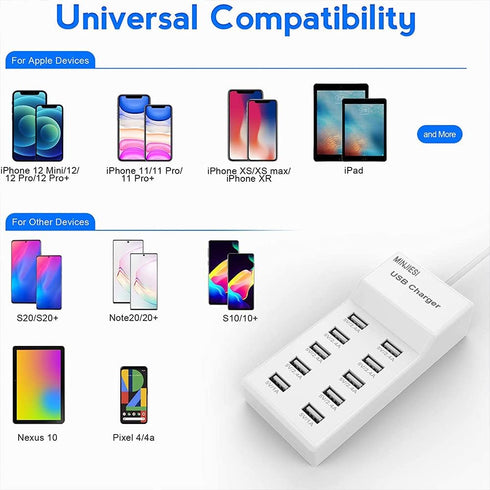 USB Charging Stations, 50W 10A, 10 Ports Multiple Charging Block/Power USB Strip for iPhone, Android, Smartphone,