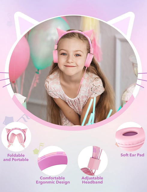 Shop SIMJAR Cat Ear Kids Headphones (Pink) with Microphone, Volume Limiter 85/94dB, Foldable for School & Travel.