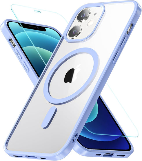 Fin2feel Shockproof Magnetic Case for iPhone 12/12 Pro with Screen Protector, MagSafe Compatible, Light Blue.