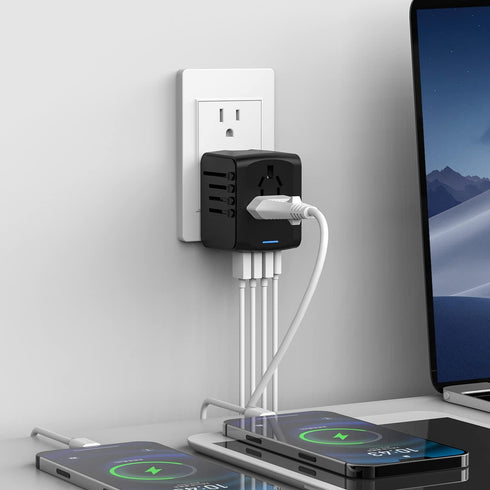 Universal Travel Power Adapter with High Speed 2.4A USB, 3.0A Type-C, Worldwide AC Outlet Plugs, Black