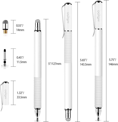 Mixoo Stylus Pens for Touch Screens - 2 in 1 High Sensitivity Disc & Fiber Tip for iPad, iPhone, Tablets, White