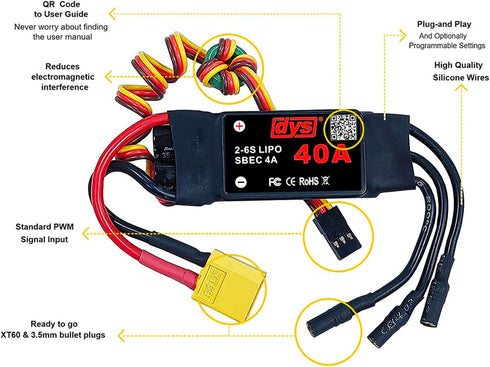 40A 2-6S 5V/4A XT60 3.5mm DYS Brushless ESC with SBEC with & Plug for RC Fixed-Wing Aircraft Helicopter