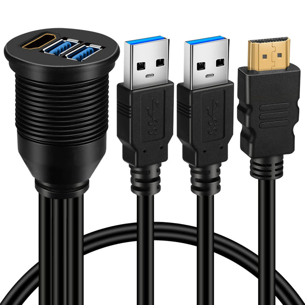 BATIGE 3ft Dual USB 3.0 & HDMI Flush Mount Extension Cable for Car, Truck, Boat, Motorcycle - USB 3.0 Dash Mount