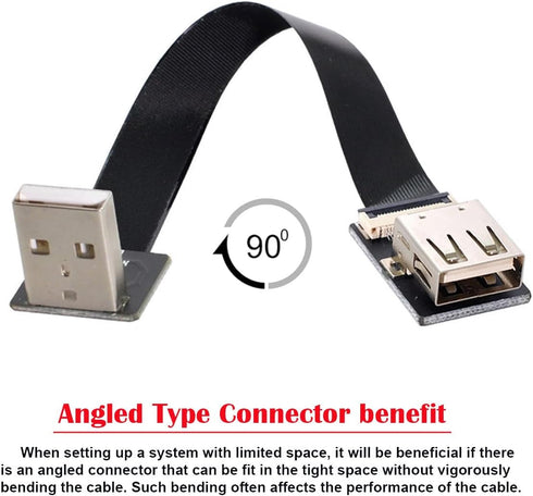 cablecc Down Angled USB 2.0 Type-A Male to Female Extension Data Flat Slim FPC Cable for FPV, Disk, Scanner & Printer