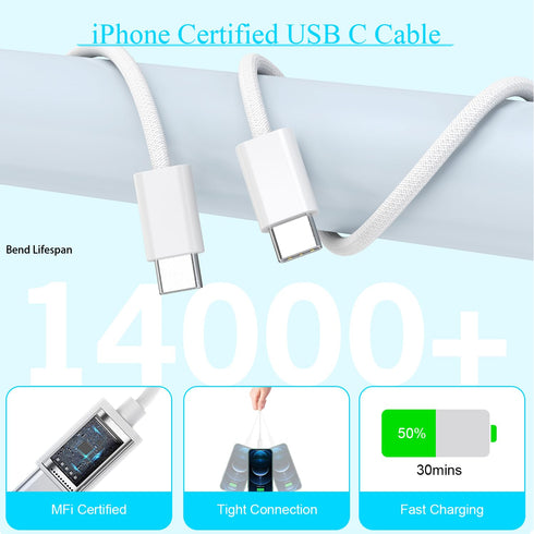 Long Charger for iPhone 15, 20W USB C PD Fast Charging Charger 2-Pack, 6FT Type C to C Cable for iPhone 15/iPad Pro