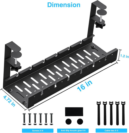No Drilling Under Desk Cable Management, Metal Cable Management Tray with Clamp, Retractable Power Strip Holder