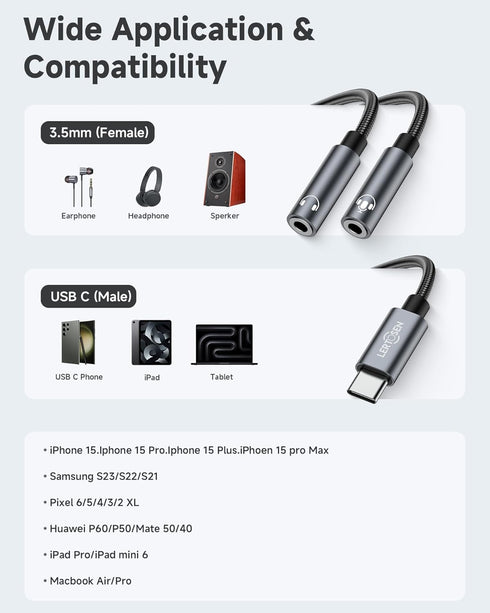 USB C Microphone Adapter, LERTOSEN USB C to Dual 3.5mm Female Aux Headphone Jack Y Splitter for iPhone 15