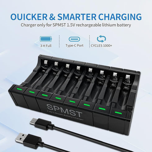 SPMST 5V 2A 8-Slot 1.5V AA/AAA Battery Charger: A Type-C Fast Charger with LED Indicators for Lithium AA/AAA Batteries