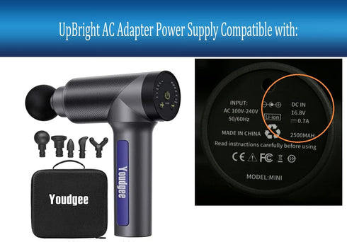 UpBright 16.8V AC Adapter Compatible with Youdgee H1 Model MiNi Muscle Massage Gun Deep Tissue Percussion Massager Sominyu QS-1680800U 14.4V Li-ion Battery 2600mAh DC in 16.8VDC 0.7A 1A Power Charger