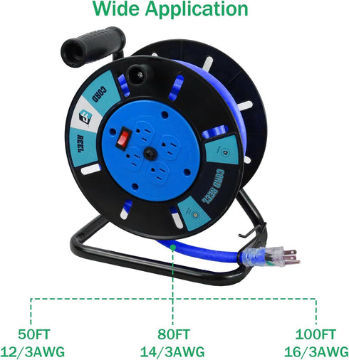 EP Extension Cord Storage Reel with 4-Grounded Outlets, Heavy Duty Open Cord Reel for 12/3 14/3 16/3 Power Cords,