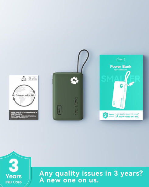 INIU 45W 10000mAh Pack 17 16 15 14, S25 S24 Power Bank, Fast Charging Portable Charger with Built-in USB C Cable, Small