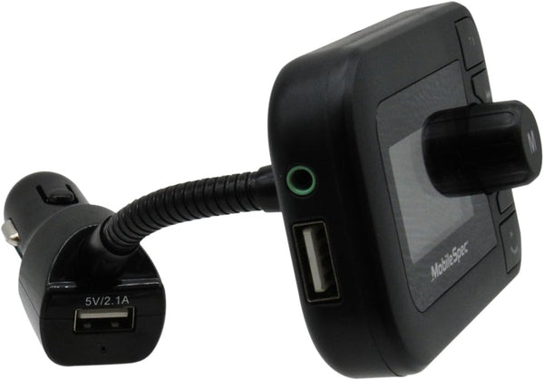 MobileSpec 12V Charger with 2.1A USB Port, FM Transmitter, Hands-Free Mic, and Large LED Display