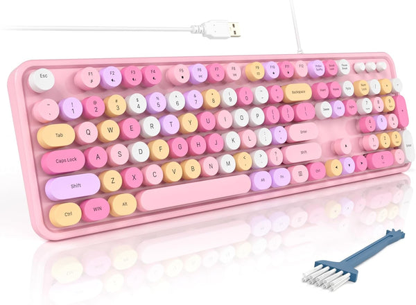 MOFII Wired Full Size USB Keyboard, Colorful Retro Round Typewriter Keyboard with Foldable