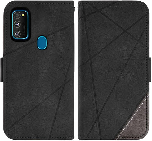 Asuwish Wallet Case for Samsung Galaxy M30s M21, Leather Flip Card Holder with Tempered Glass Screen Protector - Black