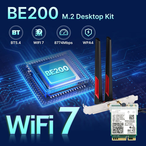 WiFi 7 BE200 M.2 Kit WiFi Card for Desktop Gaming PC (BE8800), Tri-Band BT5.4 Adapter with 10DBi High-Speed Antennas