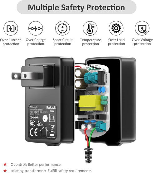 Basicvolt 5V 2A AC Adapter, Versatile Power Supply Wall Charger with 8 Tips for Camera, BT Speaker, GPS, USB Hub, TV Box