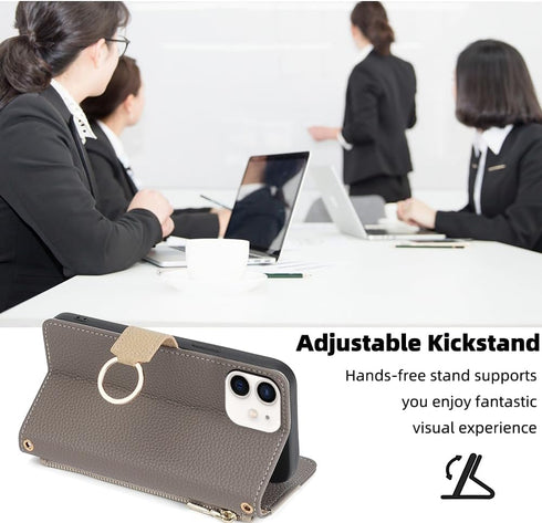Asuwish iPhone 12 Pro Wallet Case: Gray Flip Cover with Screen Protector, Card Holder, Strap & Stand for Women & Girls.