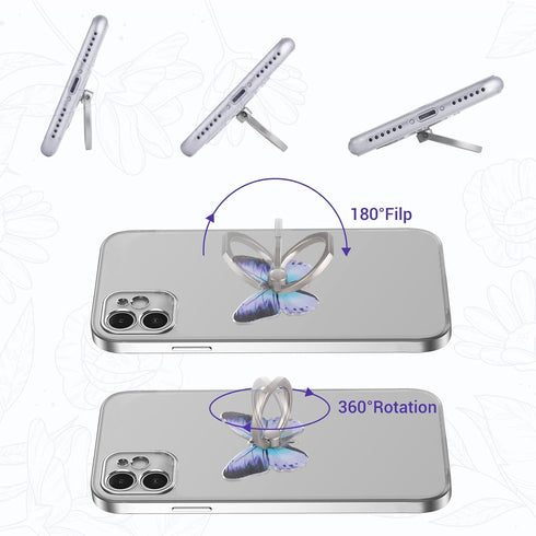 3 PCS Cell Phone Ring Stand Holder, Cute Butterfly Pattern Metal Kickstand, 360 Degrees Rotation Grip for Smartphones