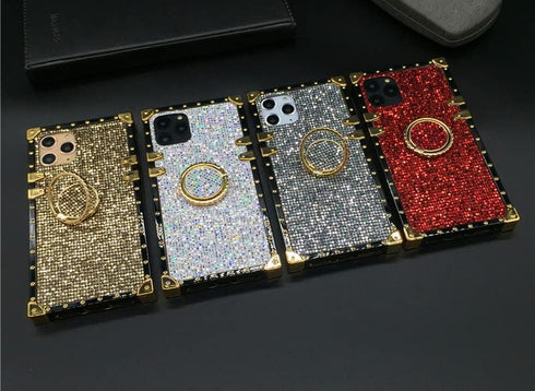 Bling Case for iPhone 12 Pro Max 6.7" Soft TPU Cover with Ring Kickstand Holder, Glitter Gold Corner, Gray