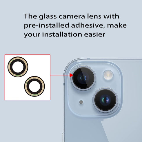 2pcs/Set Rear Back Camera Lens Covers Replacement for iPhone 14/14 Plus with Pre-Installed Adhesive + Repair Tool Kit