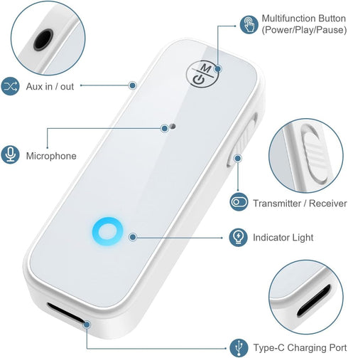 Aux Bluetooth Adapter for Car, 2 in 1 Wireless Transmitter Receiver, Built-in Mic for Hands-Free Calls, White