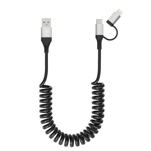 USB to USB-C and Lightning Cable 2 in 1 Coiled Cable, MFi & 3A Fast Charge & Data Sync for iPhone/Android