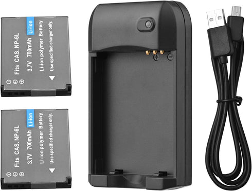 Andoer NP-6L Battery Charger with LED Indicator Light + 2 x NP-6L 3.7V 700mAh Batteries with USB Charging Cable