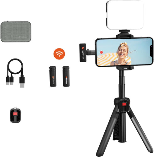 VK10 Vlogging Kit for Smartphone, Fill Light, Microphone, Phone Mount, Tripod, Bluetooth Remote Control