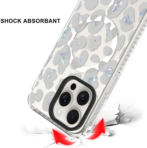 SAKUULO Magnetic iPhone 15 Pro Max Case, Clear Gray Leopard Print, Compatible with MagSafe