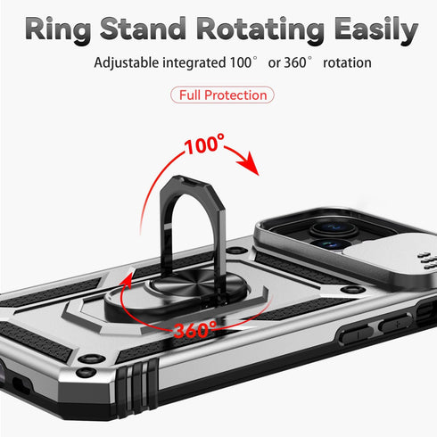 Hitaoyou iPhone 15 Case with Camera Cover & Kickstand, Military Grade Shockproof Heavy Duty Protective Case, Silver