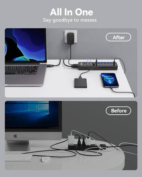 Powered USB Hub, Wenter 11-Port USB Splitter Hub with 10 Data Transfer Ports and 1 Smart Charging Port