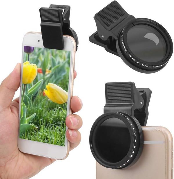 Phone Camera Lens Filters, 37mm Clip on Adjustable ND 2 400 Density Filter with Phone Clip for Different Brand Phones