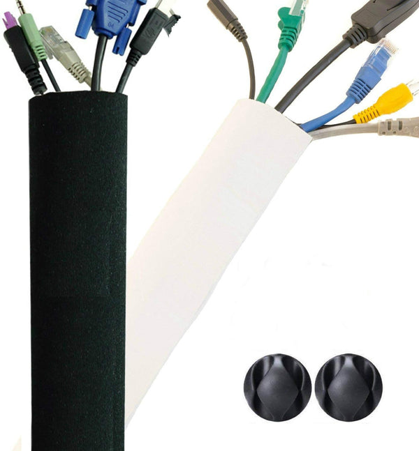Premium 63'' Cable Management Sleeve, Adjustable Reversible Black and White Neoprene Cord Hider for TV, Desk, Home