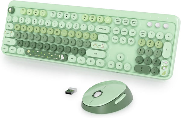 Fogruaden Green Keyboard and Mouse Wireless, Retro Typewriter Keyboard, 2.4GHz 104 Keys Full Size Cute Keyboard