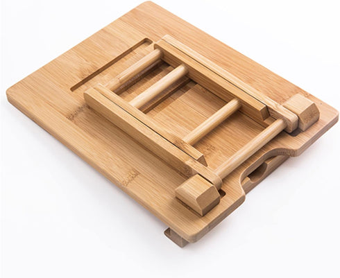 Bamboo Tablet Stand Holder, Adjustable Folding Wood iPad Stand with Chargeable Hole for Desk iPad Cooking Stand