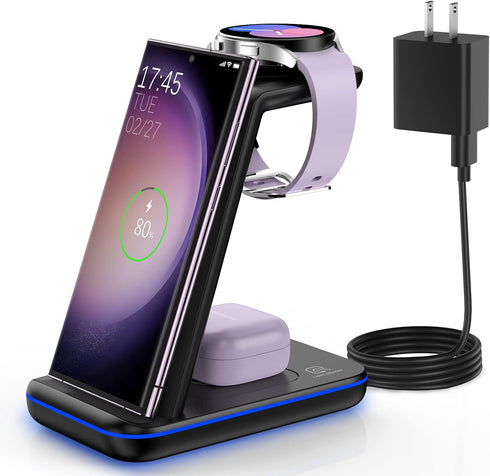 Fast Wireless Charging Station for Samsung/Android, Compatible with Galaxy S24/S23+/S22/Z Flip 6/5, Watch7/6/5/Pro