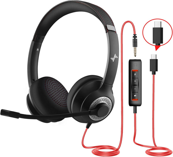 JIAMQISHI USB Headset with Microphone for PC, On-Ear Computer Laptop Headphones with