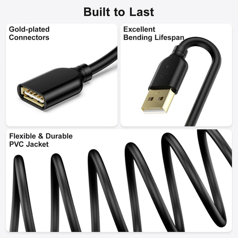 10ft Long USB Extension Cable - USB 2.0 Type A Male to Female with Gold-Plated Connector for Keyboard, Mouse