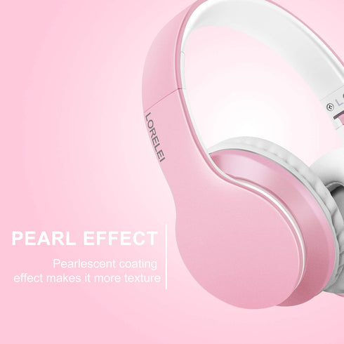 LORELEI X6 Over-Ear Headphones with Microphone, Lightweight Foldable & Portable Stereo Bass Headphones with 1.45M No-Tangle, Wired Headphones for Smartphone Tablet MP3 / 4 (Pearl Pink)