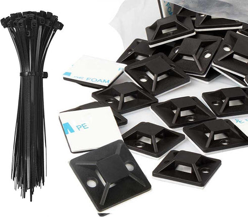 100 Sets Zip Tie Mounts and Zip Ties - Small Adhesive Cable Tie Mounts, 3/4in Black for Indoor Outdoor Use