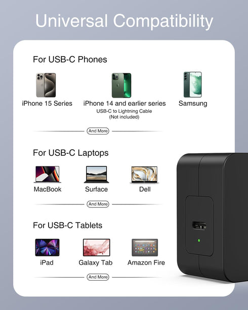 Nekteck 60W USB C Charger, PD 3.0 Fast Charging, Foldable Plug, Compatible with MacBook Air/Pro, iPhone 15