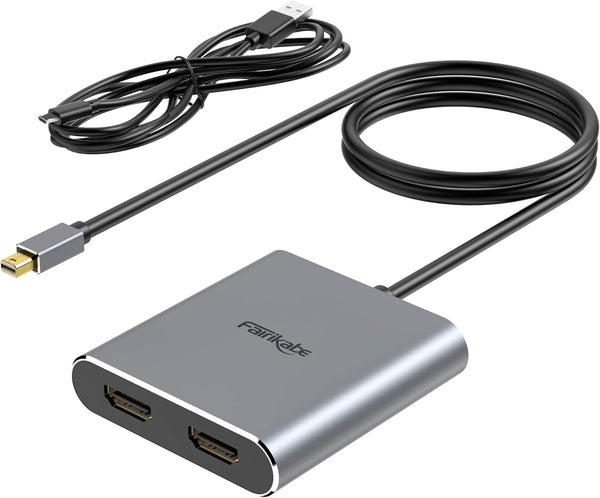 Fairikabe Mini DisplayPort to Dual HDMI Adapter, 4K@60Hz, MST, SST, for Laptop, PC, Monitor, Projector and More