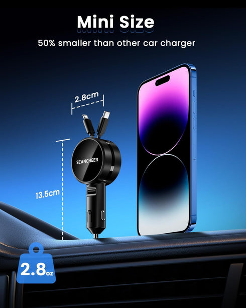 Retractable Car Charger for iPhone and Android, Fast Charging with Retractable Cords (2.6Ft), USB-C Ports, Compatible