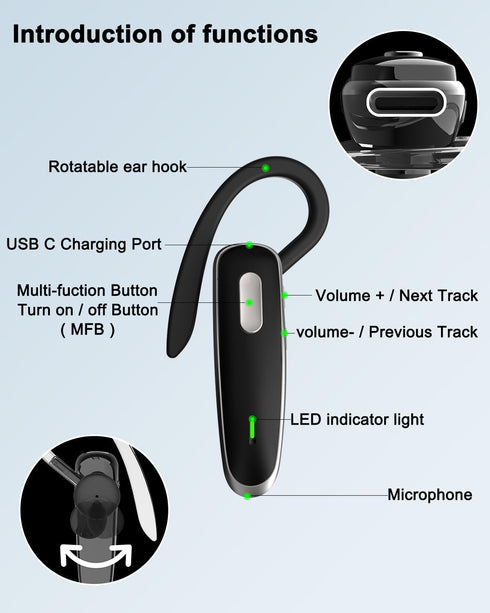 Headset V5.1, Bluetooth Wireless Hands-Free Earpiece with Noise Cancellation, Built-in Microphone for iPhone Android